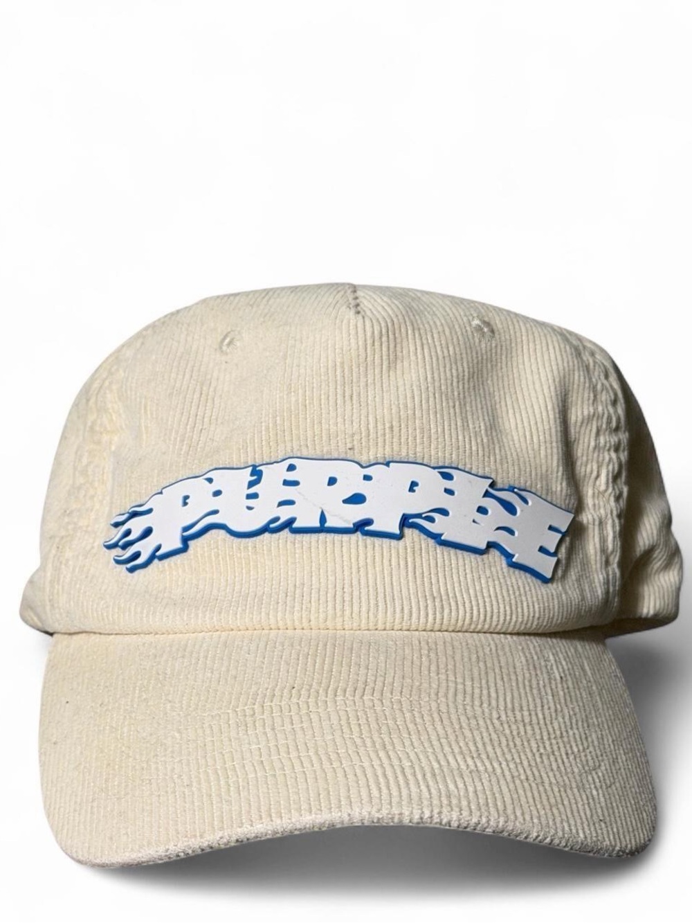 Purple Brand Cream corduroy baseball cap with blue flame logo